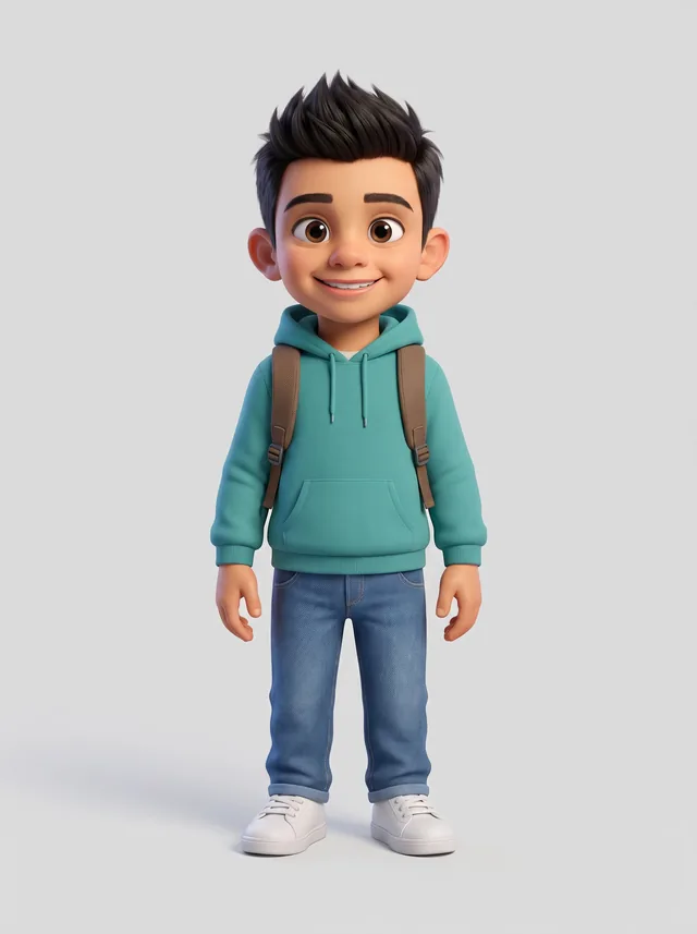 Milan in a teal hoodie with his school bag
